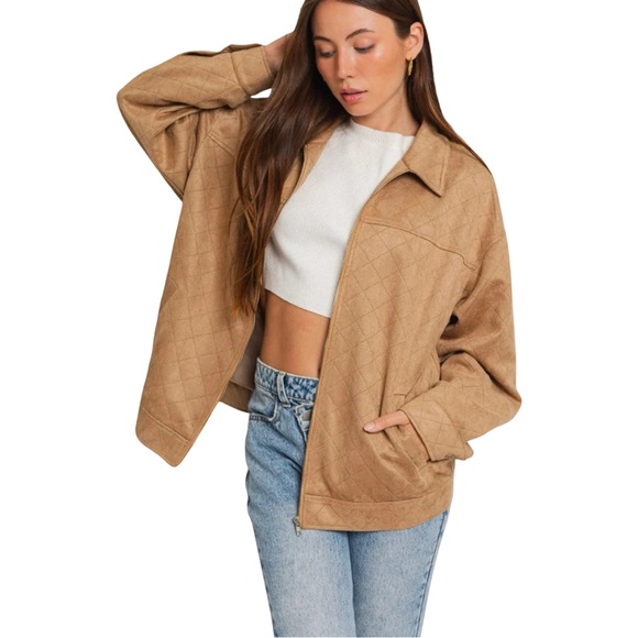 Le Lis Jackets & Blazers - LE LIS Diamond Quilted Suede Front Zipper Collared Jacket